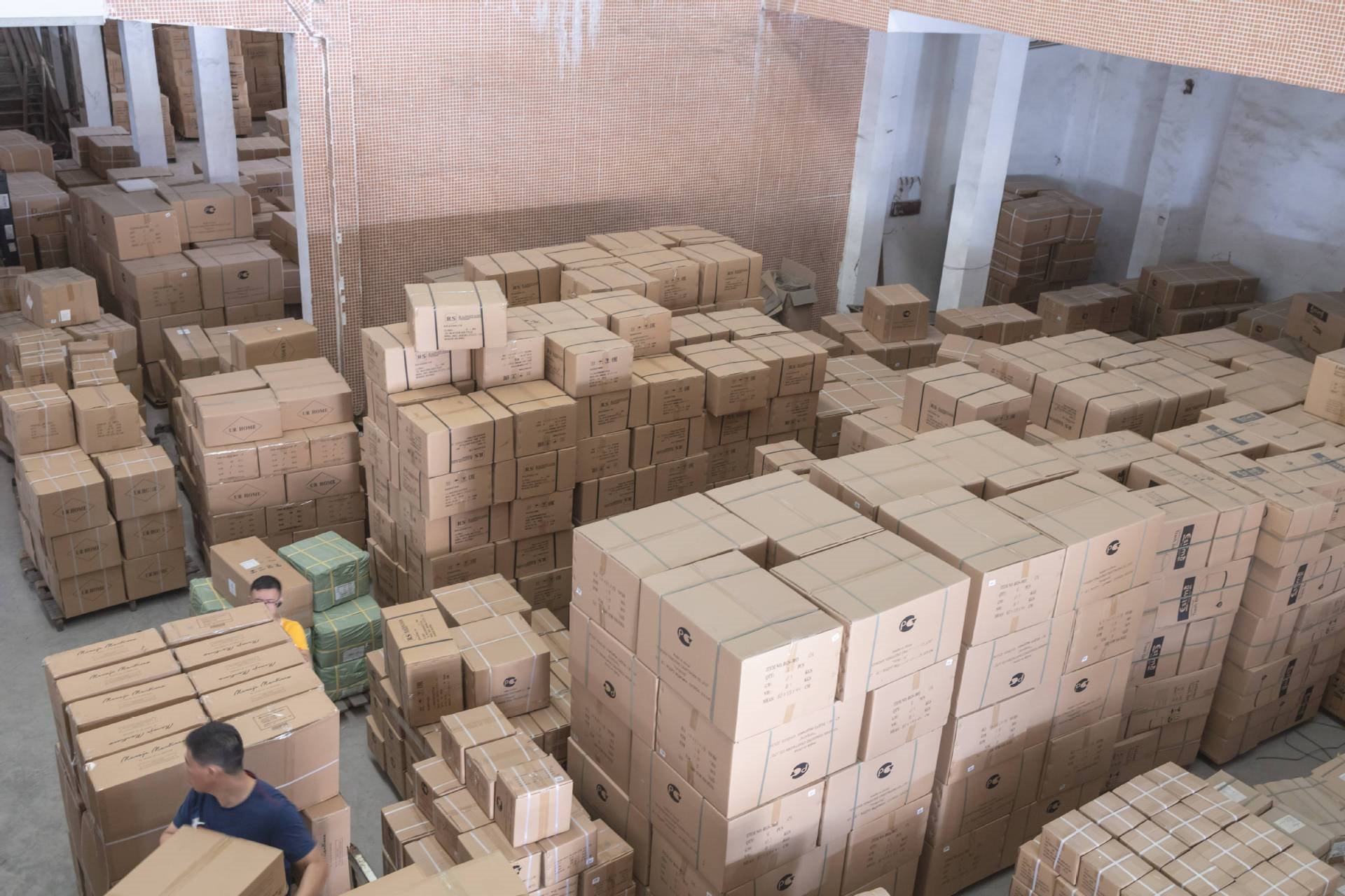 Packed export cartons staged in a warehouse