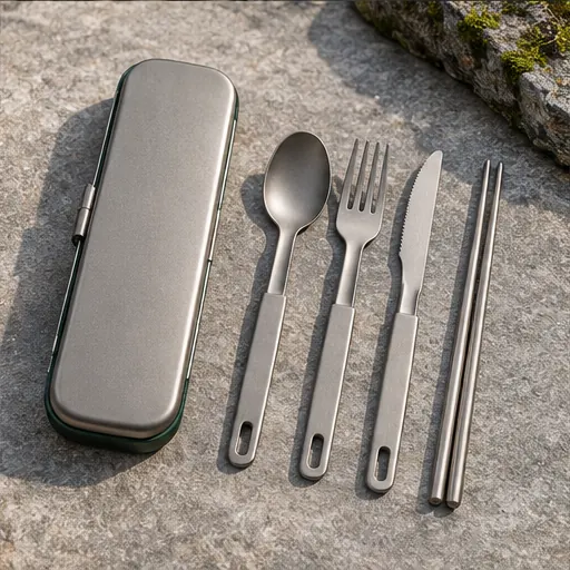 Custom Premium Lightweight Titanium Nesting Flatware Set for Trail Dining Portable storage product detail