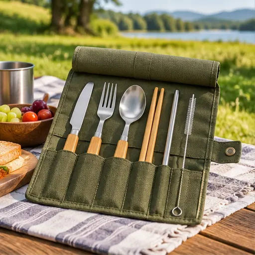 OEM Natural Bamboo Handle Portable Flatware Set for Park Picnics product view