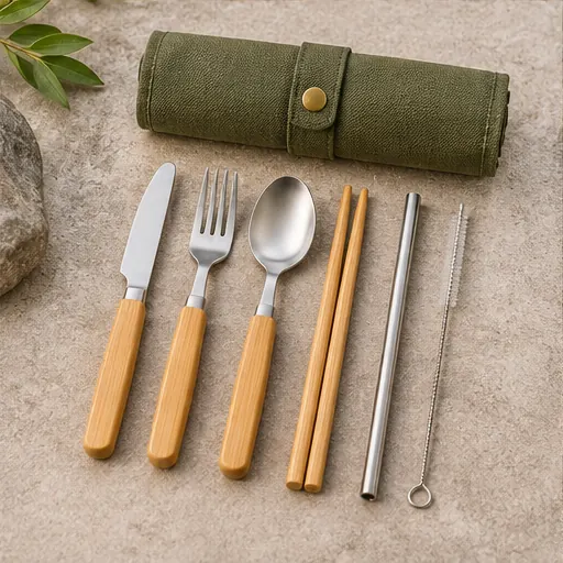 OEM Natural Bamboo Handle Portable Flatware Set for Park Picnics Portable storage product detail
