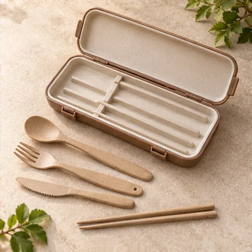 Private Label Sustainable Wood-Fiber Snap-Case Flatware Set for Picnics Portable storage product detail