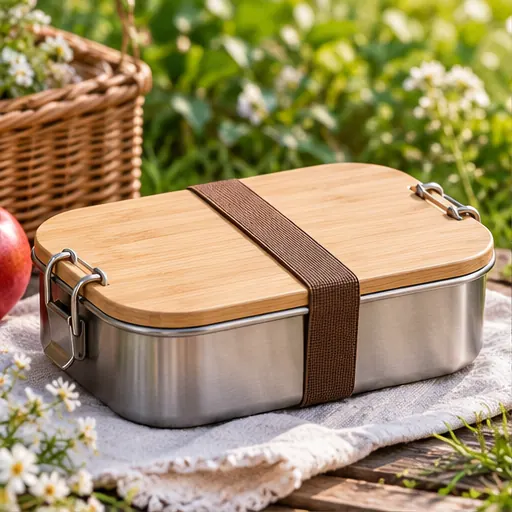 Custom Natural Bamboo-Look Steel Bento Lunch Box for Premium Picnics product photography