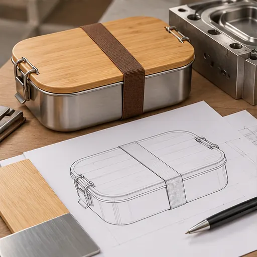 Custom Natural Bamboo-Look Steel Bento Lunch Box for Premium Picnics A Coordinated Set For Outdoor Dining product detail