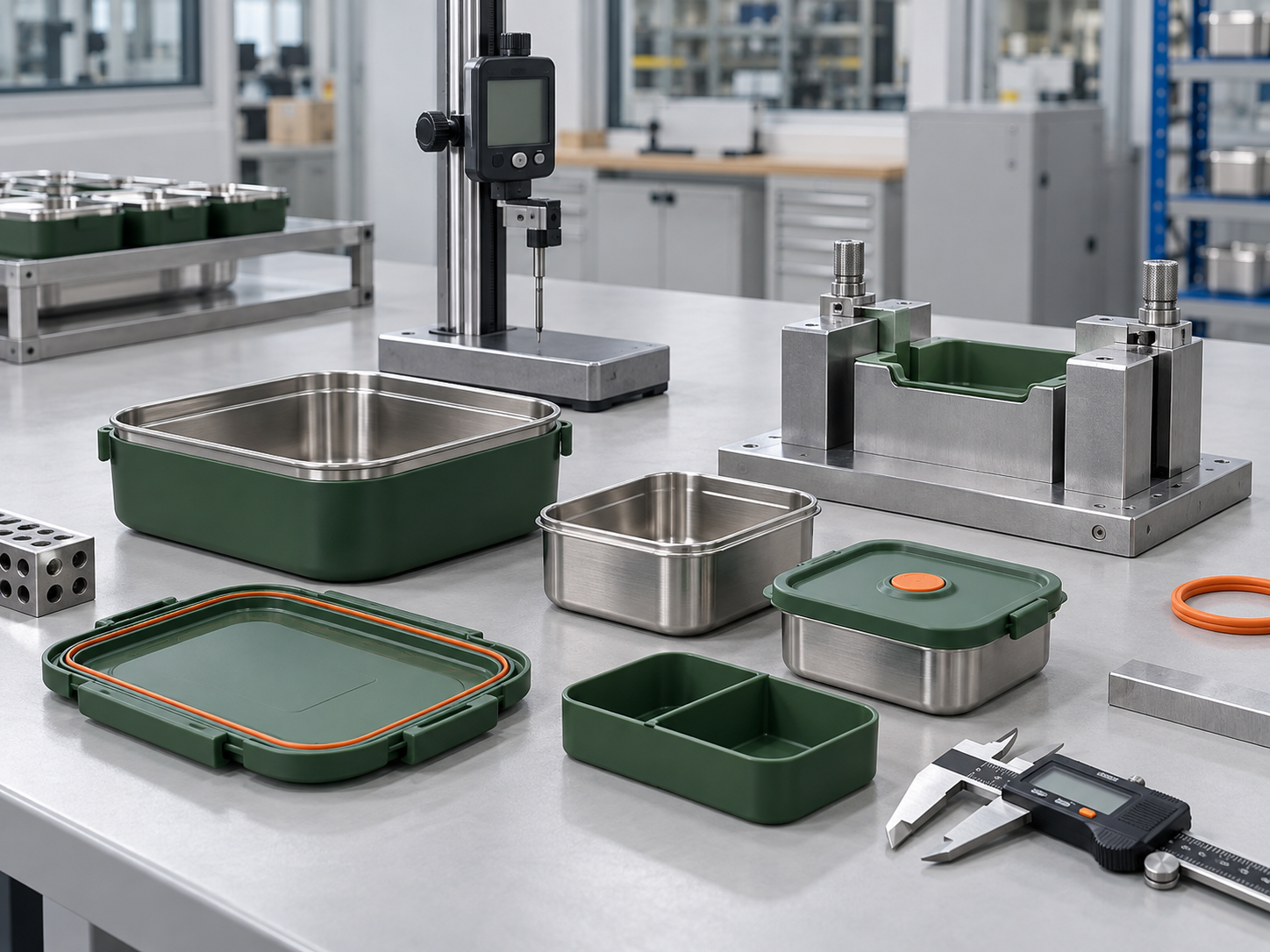 Illustrative dimensional inspection setup for a modular outdoor lunch box system