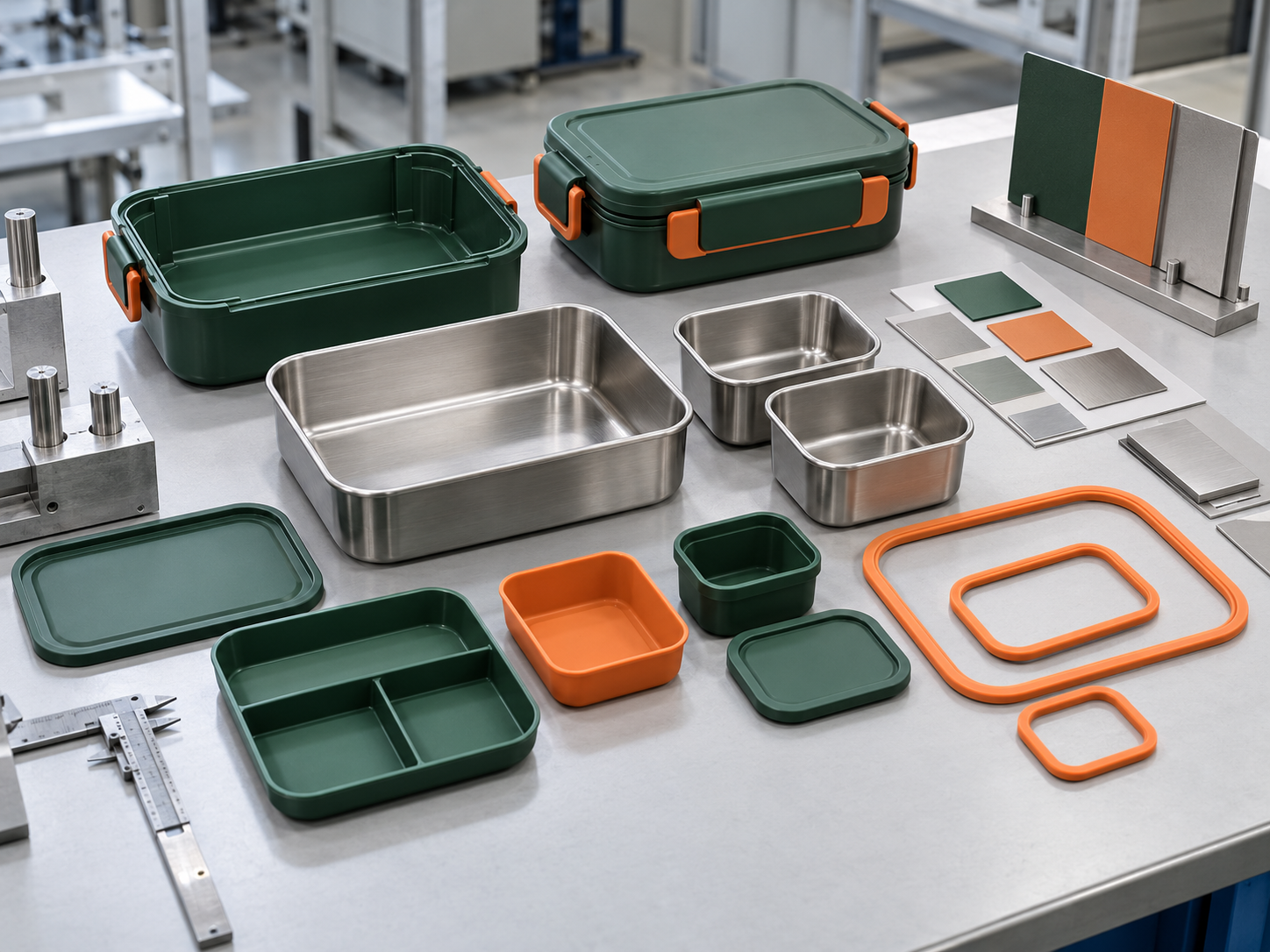 Illustrative material color and component fit review for a lunch box system