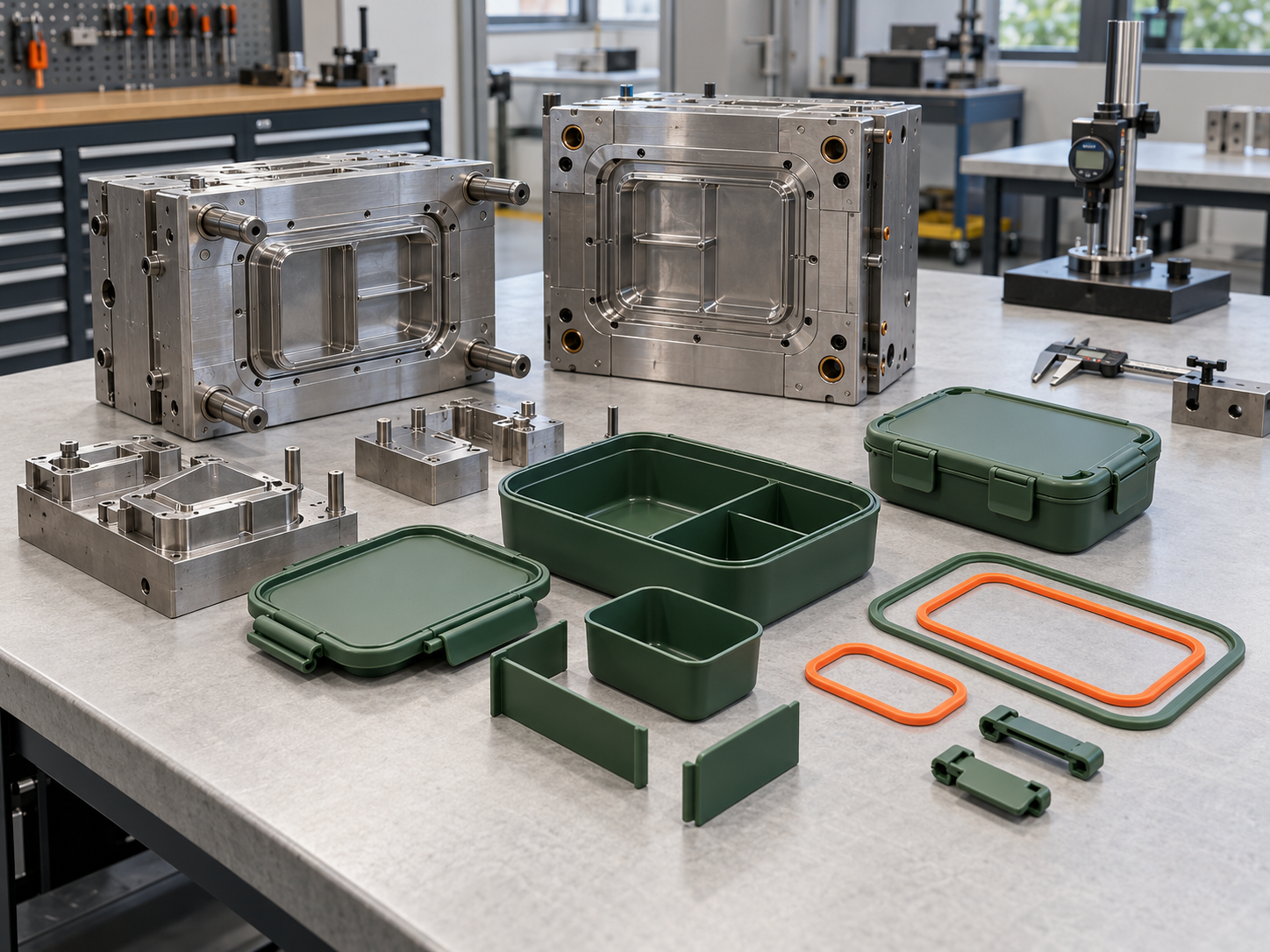 Illustrative tooling trial and change validation setup for lunch box components