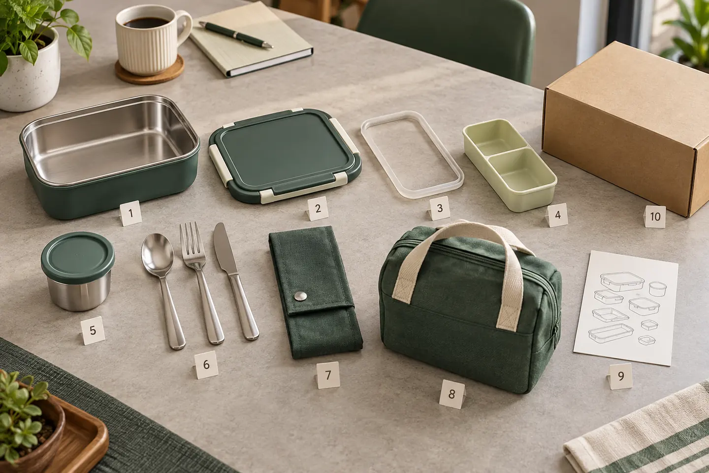 Map every product and packaging component in the custom meal kit BOM Complete green custom meal kit separated into numbered product, carry and packaging components