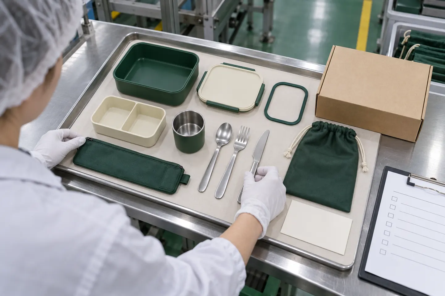 Quality technician checking container, lid, divider, seal, cup, cutlery pouches and carton against a blank checklist