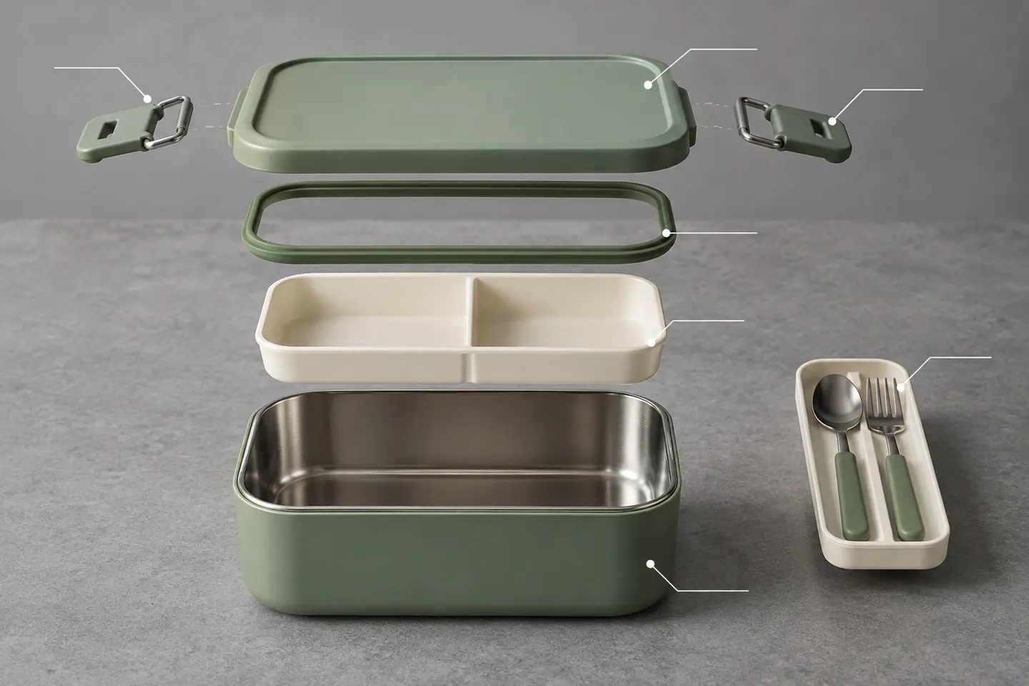 Assign controlled identities to the meal kit closure and interior parts Exploded green lunch box showing lid, latches, seal, divider, base and cutlery insert