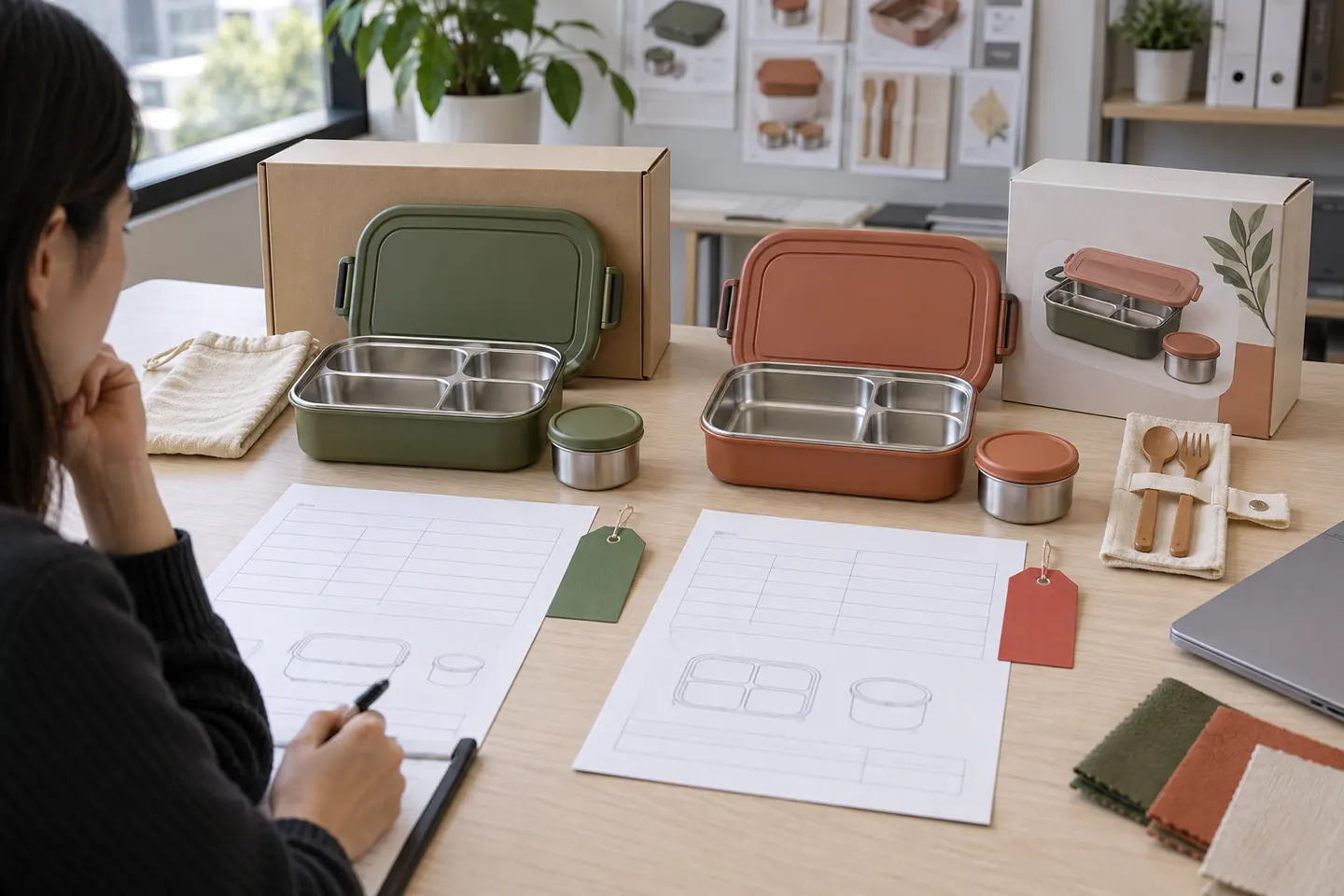 Buyer comparing green and terracotta meal kit revisions with packaging and specification sheets