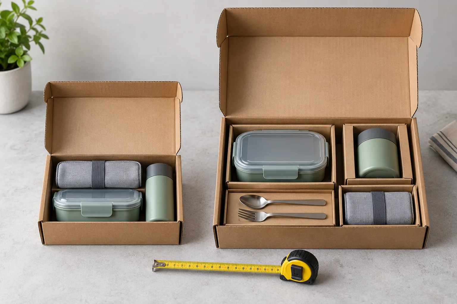 How pack configuration changes shipping volume A portable meal kit shown in compact nested packing and a larger individually boxed configuration