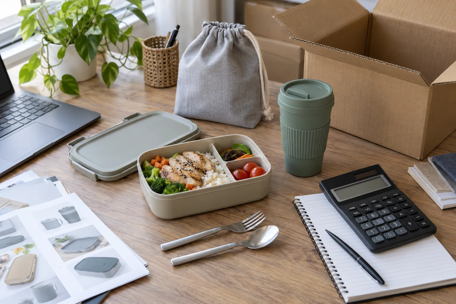 Reviewing the landed cost of a custom meal set Unbranded portable meal set, export carton and calculator arranged for a landed-cost review