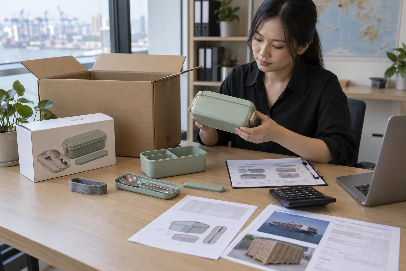 The buyer’s landed-cost review workspace Buyer reviewing a meal set, retail packaging and export carton beside a calculator and blank paperwork