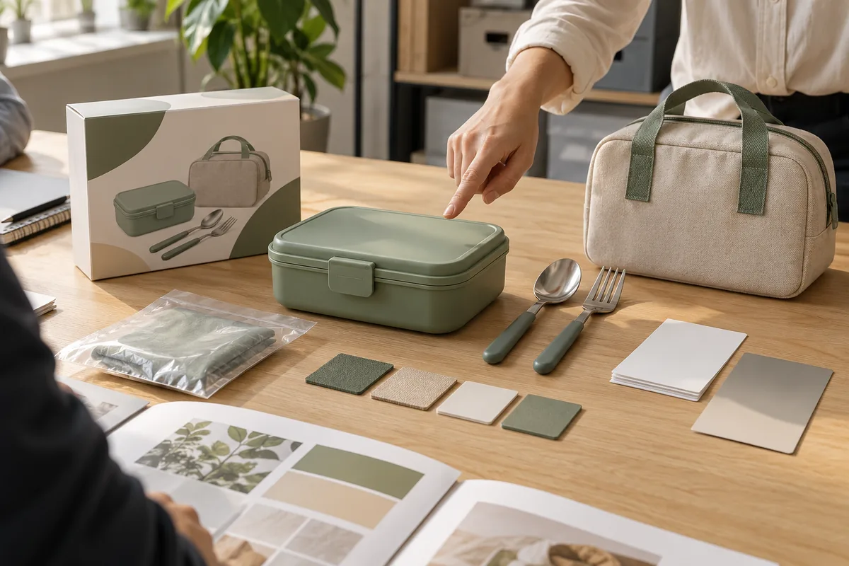 Keep an identified master sample for every approved material route Buyer reviewing a coordinated lunch box, cutlery, bag and package with material swatches for final sign-off