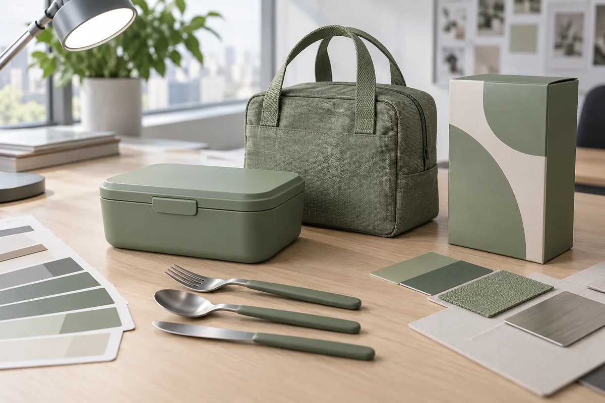 Review one brand color across a complete custom tableware set Coordinated green lunch box, cutlery, textile bag and retail carton arranged with color swatches