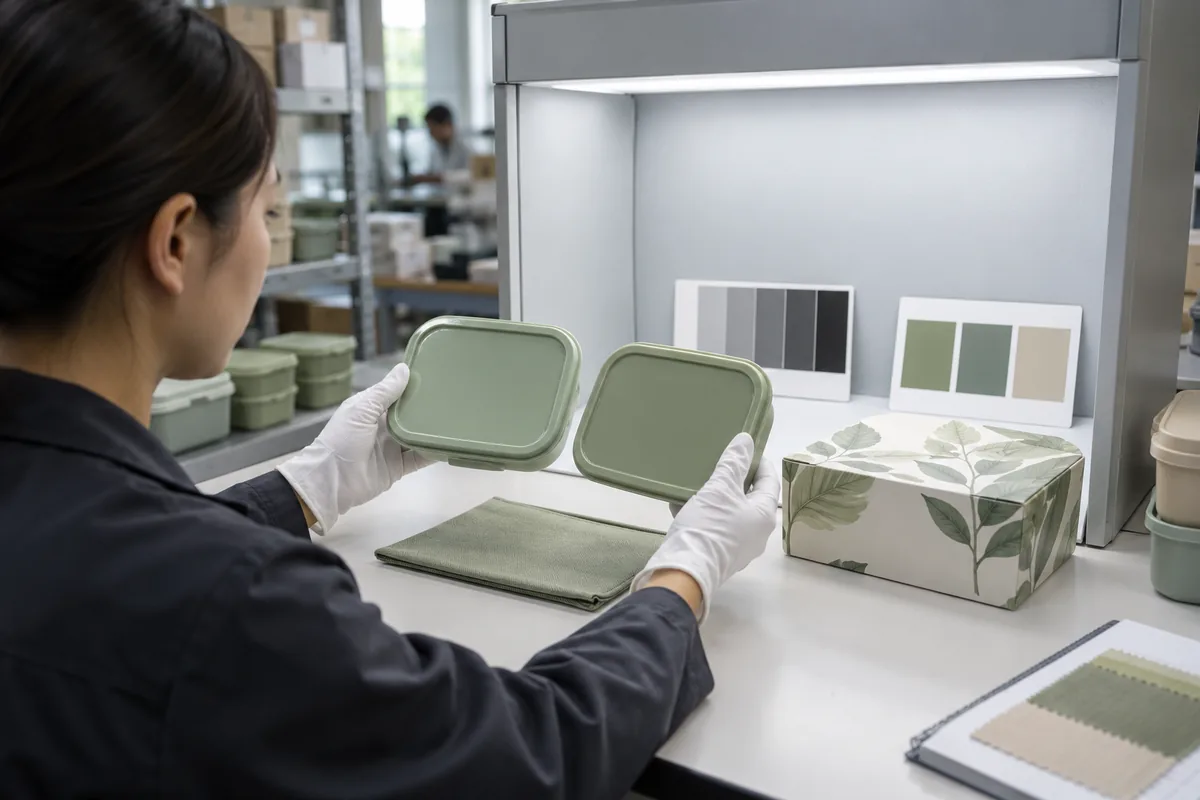 Reviewer comparing green lunch-box lids, textile and carton samples under a neutral daylight booth