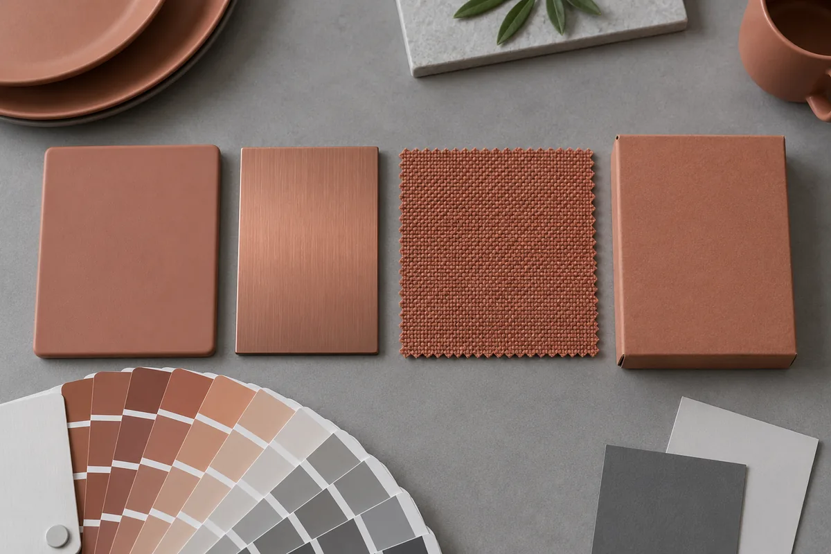 Terracotta plastic, metal, textile and paperboard samples compared with neutral color-reference chips
