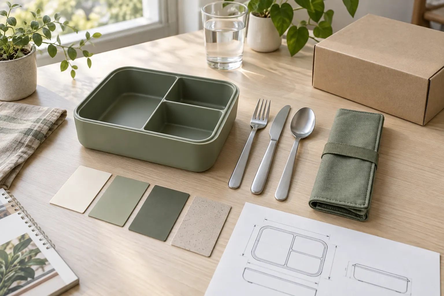 A buyer's custom tableware RFQ brief brings product and packaging decisions together Portable lunch set, component list, color samples, and packaging reference arranged as a buyer's RFQ brief