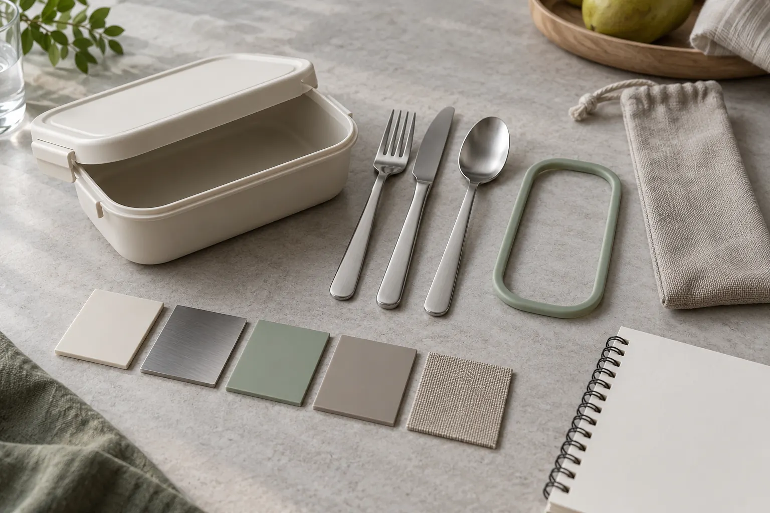 List material choices by component in a custom tableware RFQ Portable lunch container, stainless cutlery, silicone seal, textile pouch, and neutral color samples arranged for material review