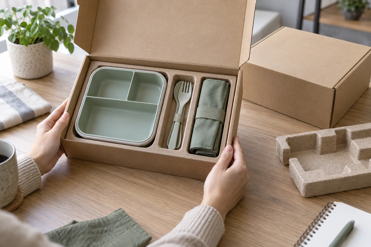 Specify component fit and packaging presentation in the RFQ Buyer checks the fit of a divided lunch box, cutlery, and carry pouch inside an unbranded retail package