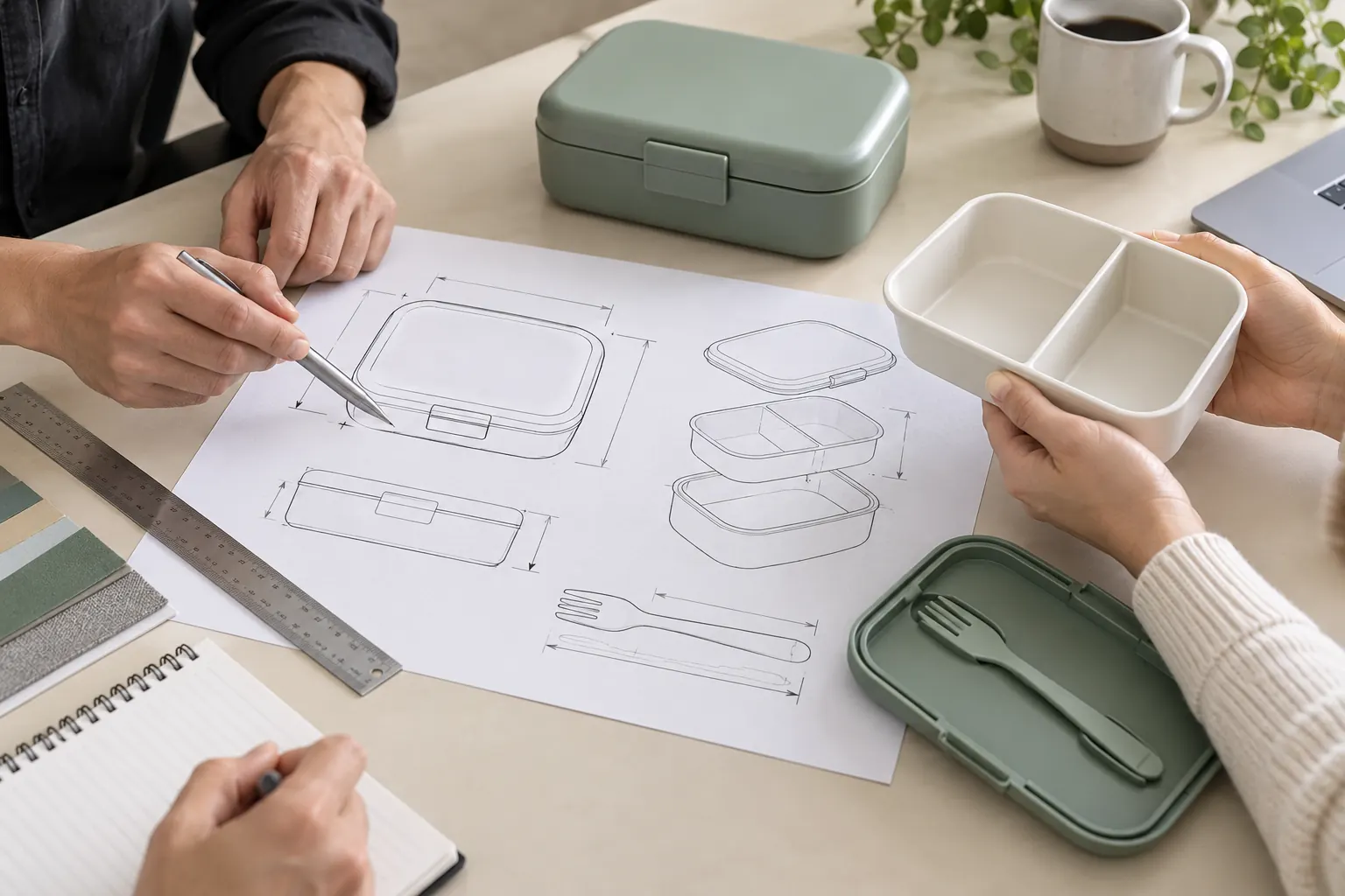 Review the product shape, dimensions, and components in a tableware RFQ Buyer and product engineer compare a divided lunch box with an annotated dimension drawing