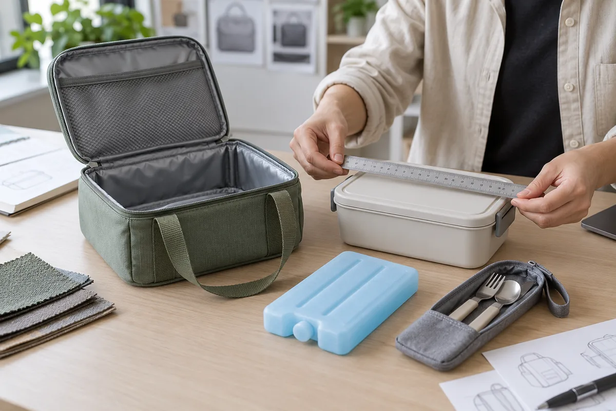 Measure the real meal set before specifying an insulated lunch bag Buyer measuring a lunch container beside an open insulated lunch bag and cutlery pouch