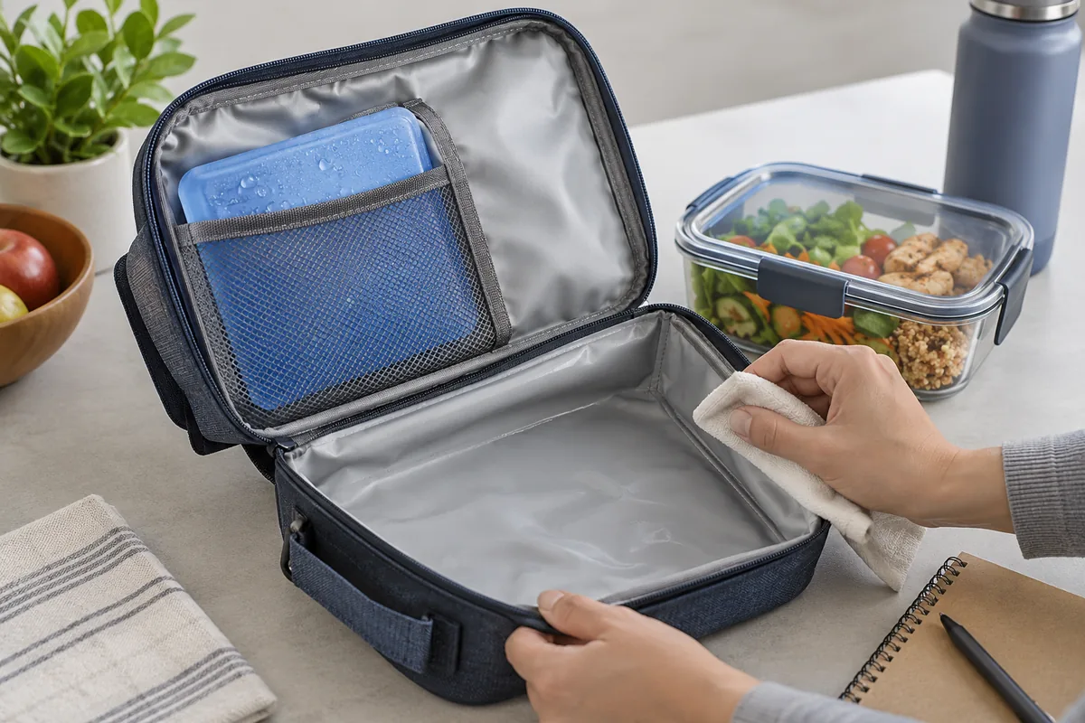 Reviewer checking an insulated lunch bag liner while a cold pack sits separately from a closed food container