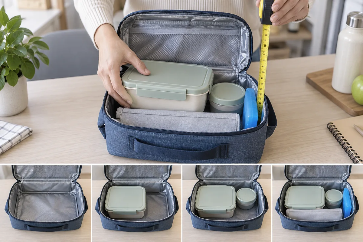 Check loaded height and accessory placement with the actual set Packed fit review showing a bento box, round container, cutlery pouch and cold pack inside an insulated lunch bag