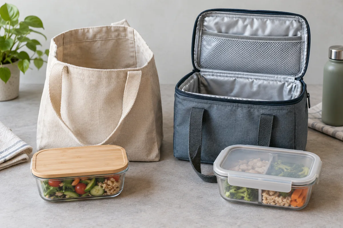 Compare unlined and insulated lunch bag constructions Unlined fabric lunch carrier compared with an insulated lunch bag, each shown with a food container for scale