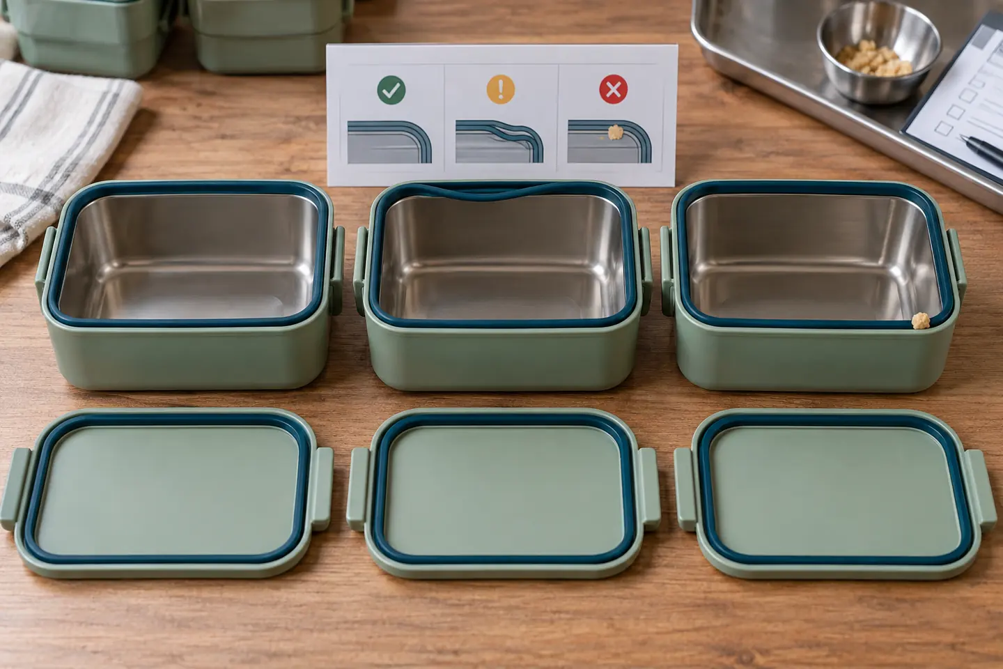 Compare lunch box gasket assembly conditions Three lunch boxes comparing a correctly seated gasket, a twisted gasket and food residue at the sealing rim