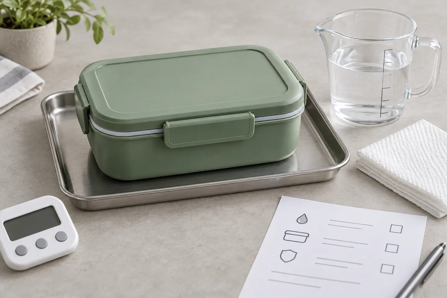 Prepare a repeatable lunch box leak test Green reusable lunch box prepared for a controlled leak test with tray, water, timer and absorbent sheets