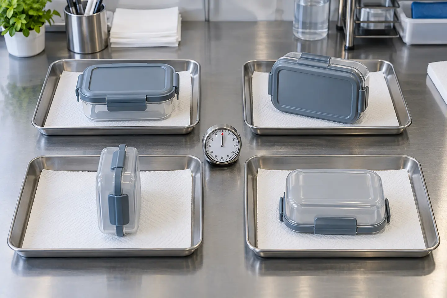 Compare lunch box test orientations Four identical lunch boxes positioned upright, on two sides and inverted on separate absorbent test sheets