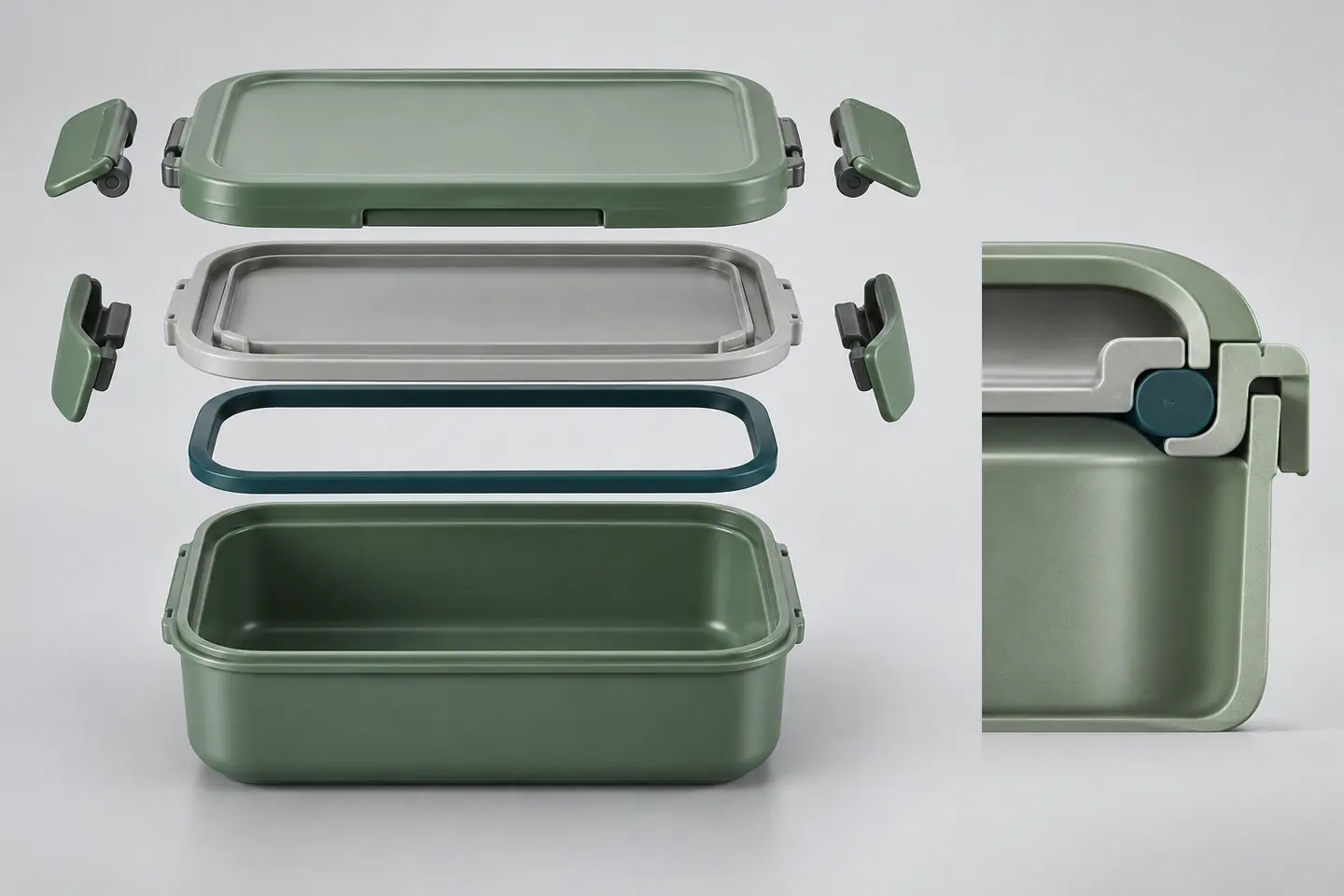 Review lunch box seal architecture Exploded reusable lunch box showing lid, clips, gasket, channel and base with a seal cross-section