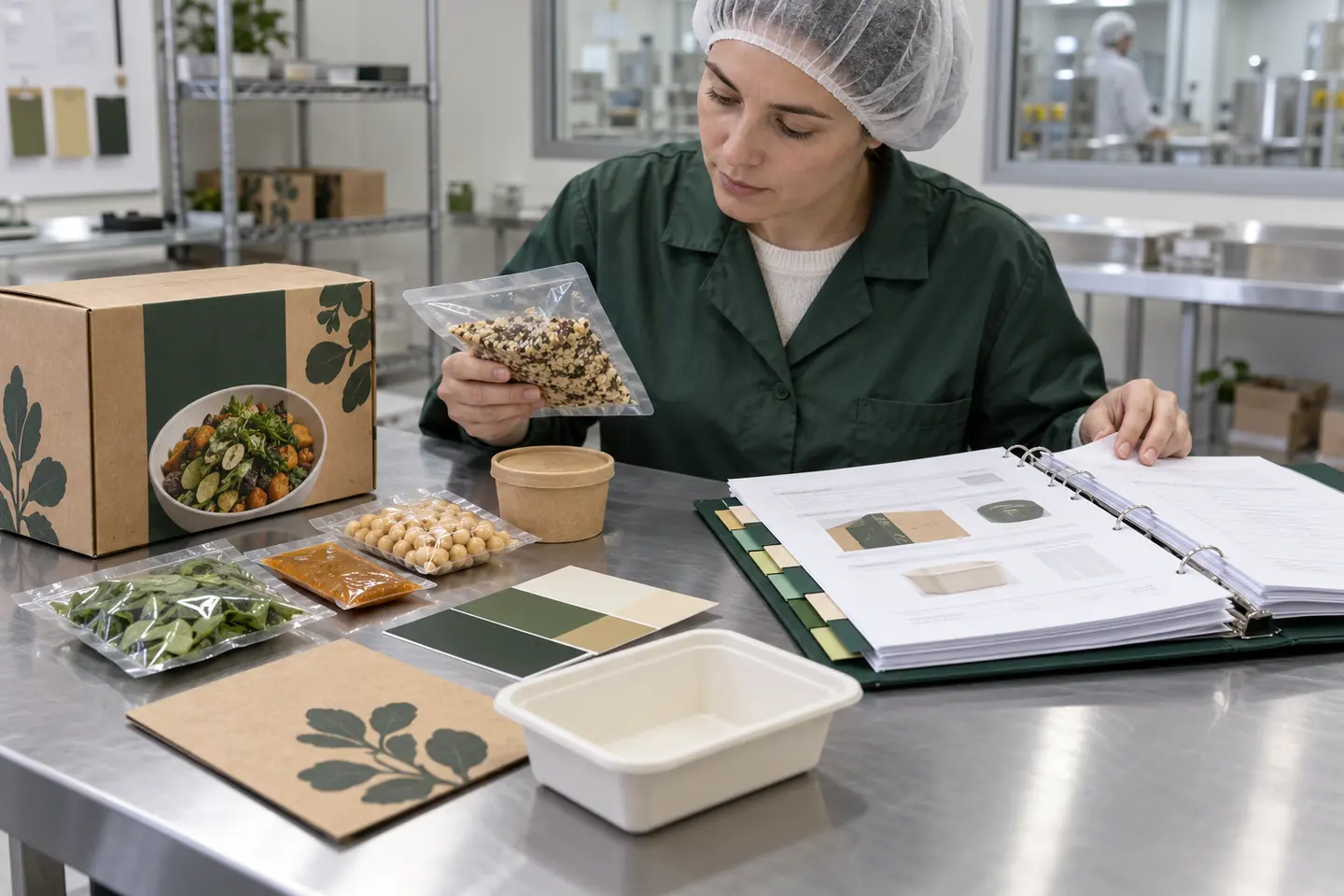 Quality specialist reviewing a mixed-material meal kit, packaging samples and an organized evidence dossier