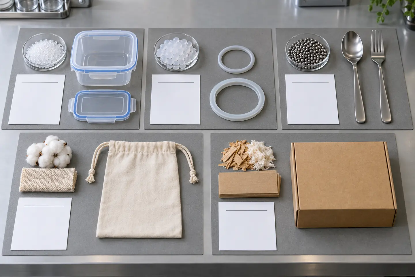 Plastic, silicone, stainless steel, textile and paper components arranged with matching material samples and blank evidence cards