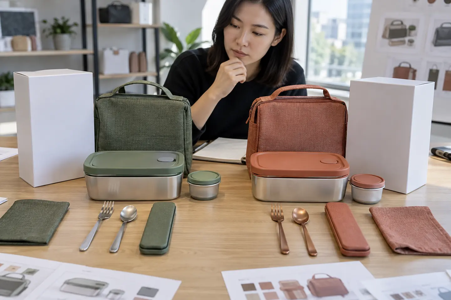 Buyer comparing green and terracotta meal kit variants with separate bags, utensils, packages and evidence sheets