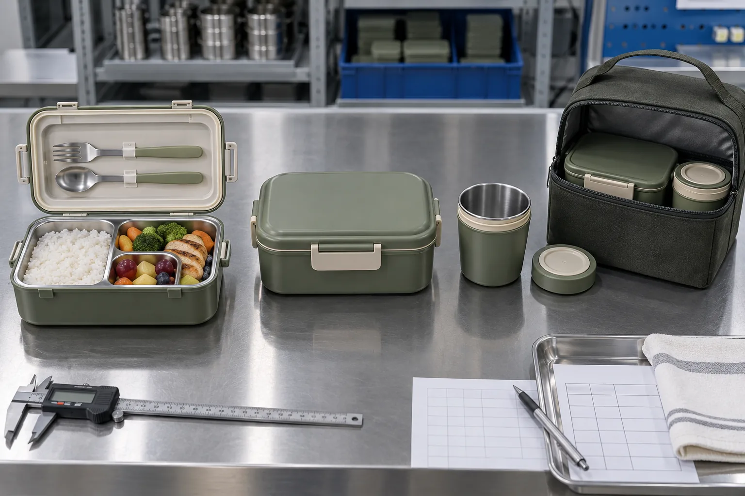 Verify assembly and function across the complete meal kit Portable meal set shown through lid fit, gasket seating, utensil retention and carry-bag insertion checks