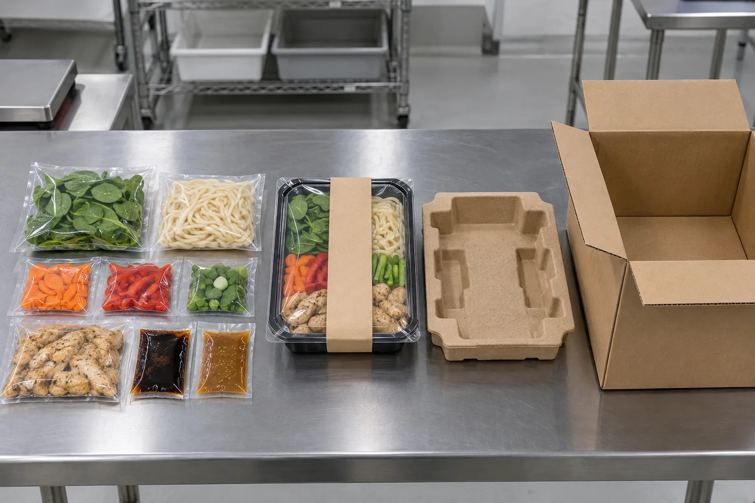 Confirm complete-SKU count and final pack-out Complete meal kit components, retail packaging and export carton arranged for final release inspection