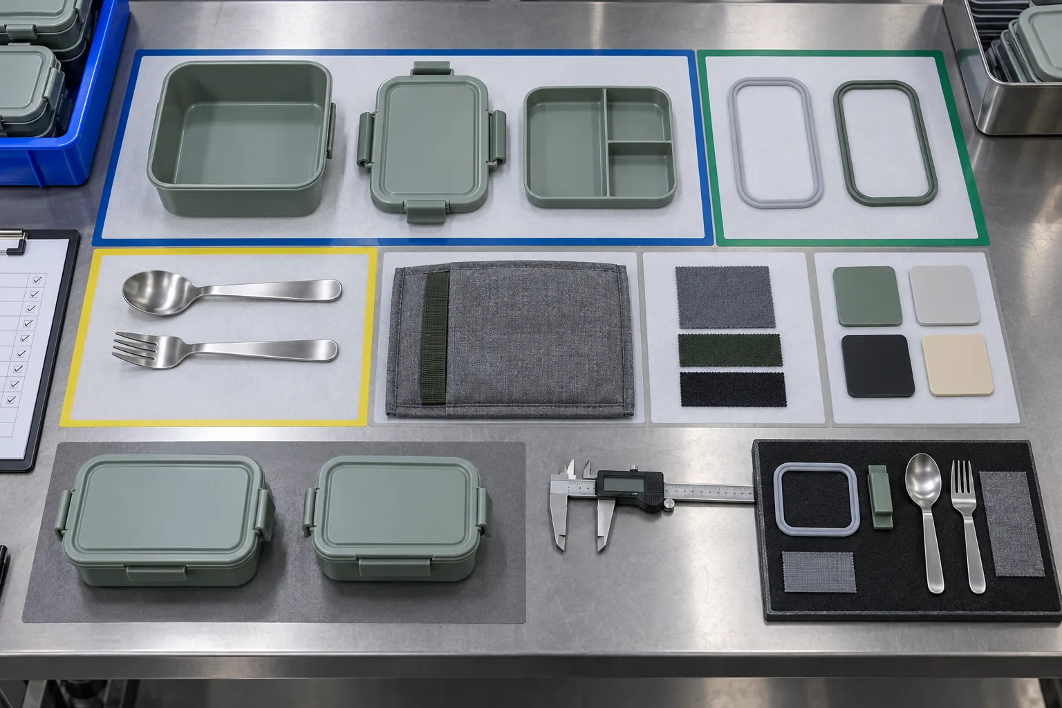Review incoming meal kit components by material route PP parts, silicone gasket, stainless steel cutlery and textile materials arranged for incoming meal kit inspection