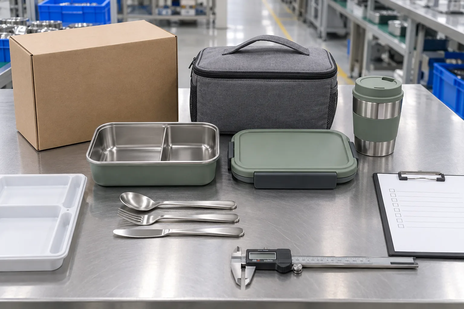 Build a complete meal kit quality inspection plan Complete reusable meal kit arranged with measuring tools, carry bag and packaging for quality inspection