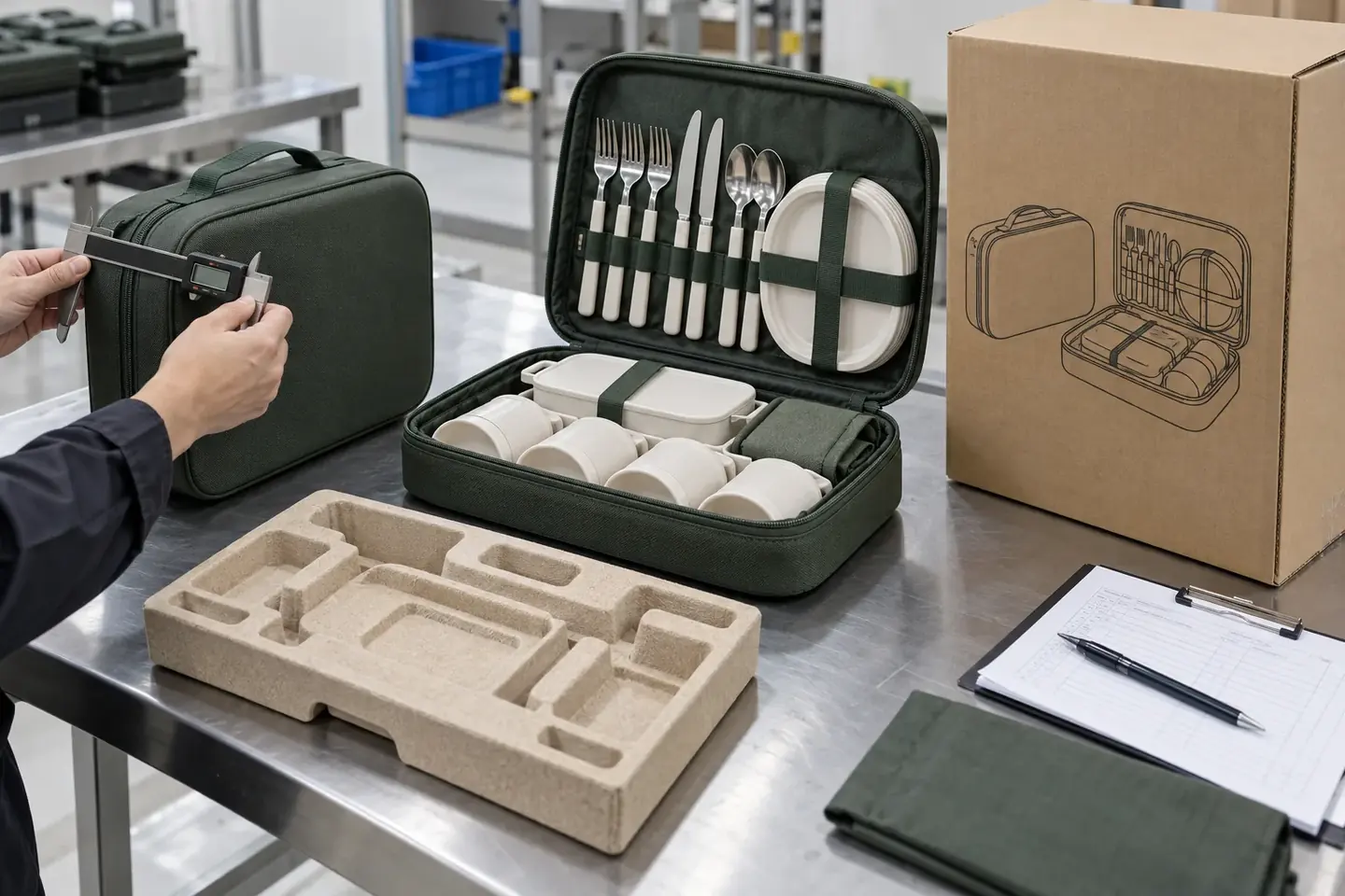 Quality technician measuring a closed green dining-set case beside its open component layout and carton mockup