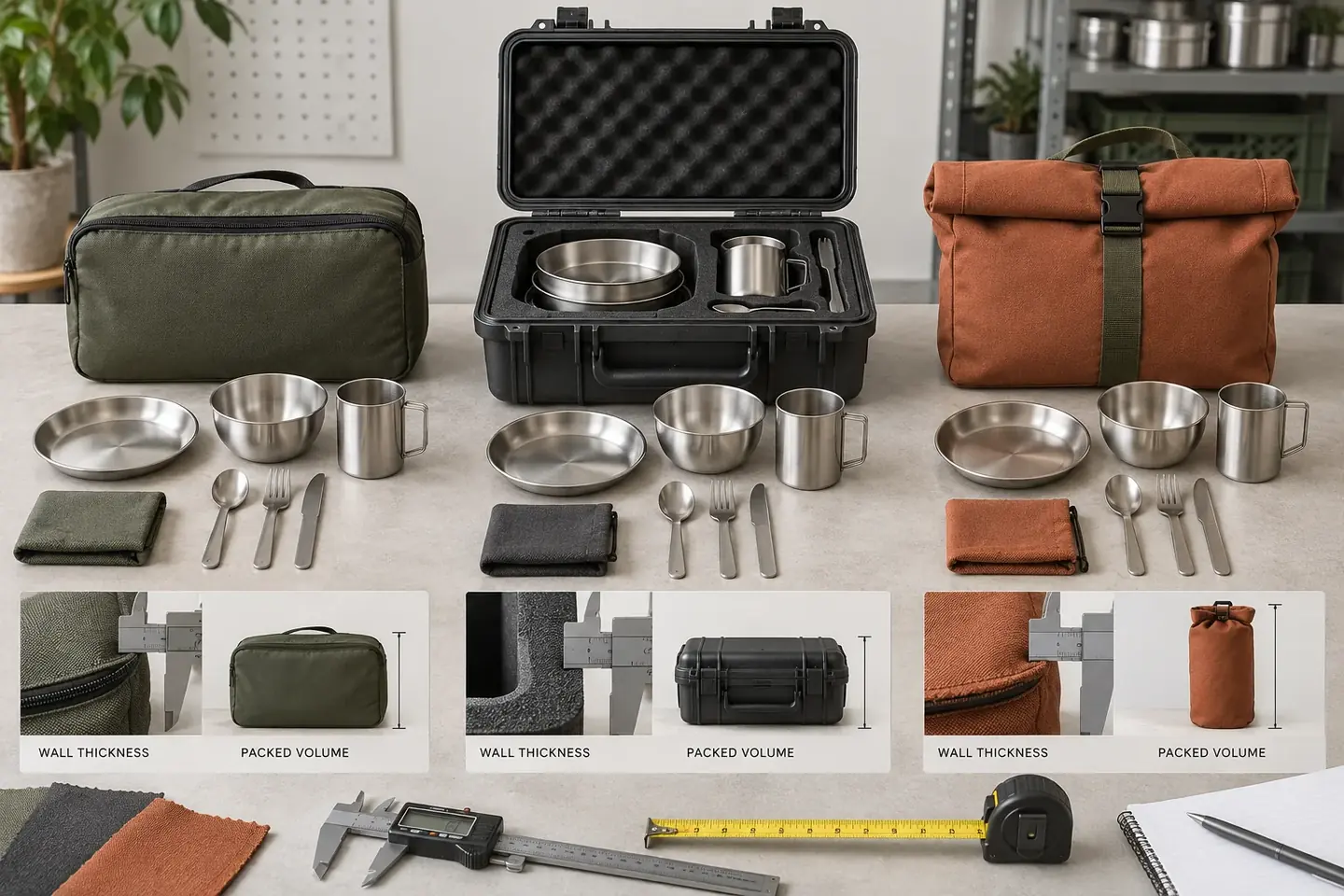 Compare carrier construction against packed volume and protection Soft zip bag, rigid protective case and roll-top carrier compared with the same stainless tableware components