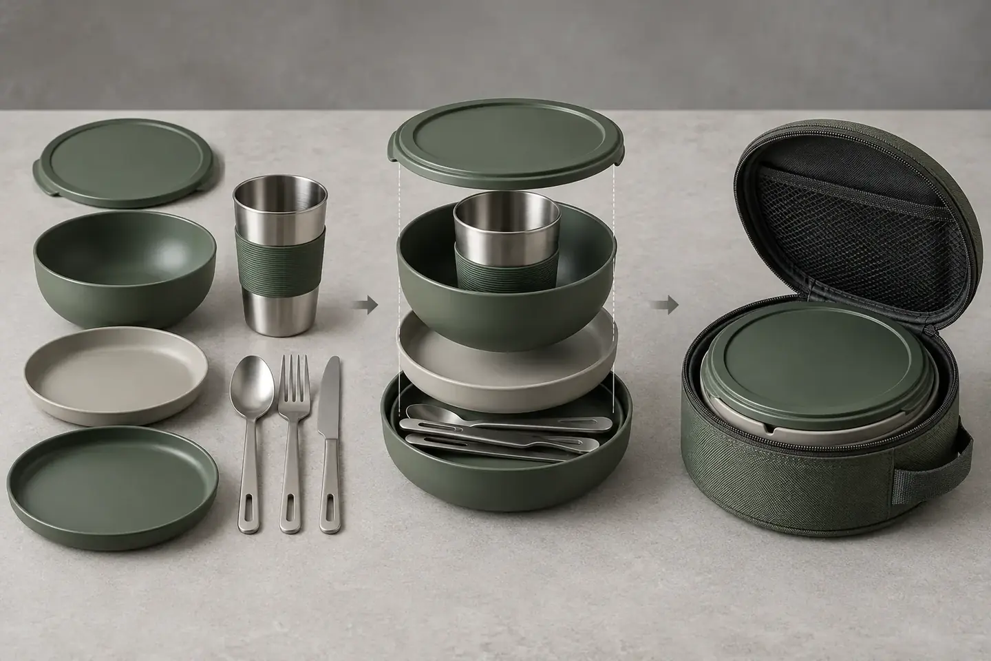 Review the component nesting sequence before fixing packed size Three-stage sequence showing portable tableware components separated, nested and loaded into a round carry case