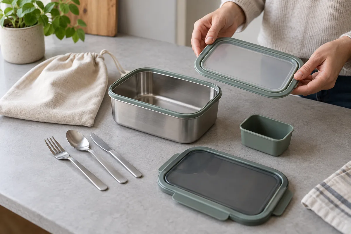 Buyer comparing a spare lid with a reusable meal container, cutlery and carry pouch