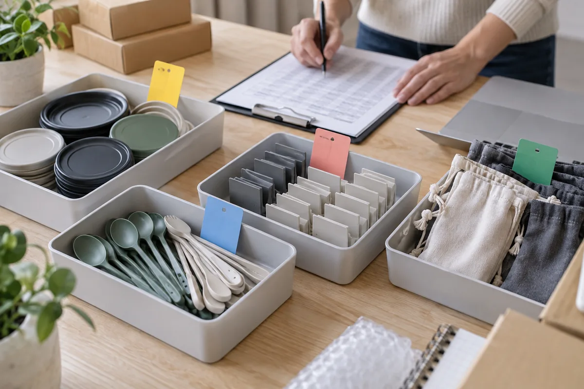 Group spare meal-kit components so revisions do not get mixed Lids, cutlery, dividers and fabric pouches sorted into separate trays for replacement inventory planning