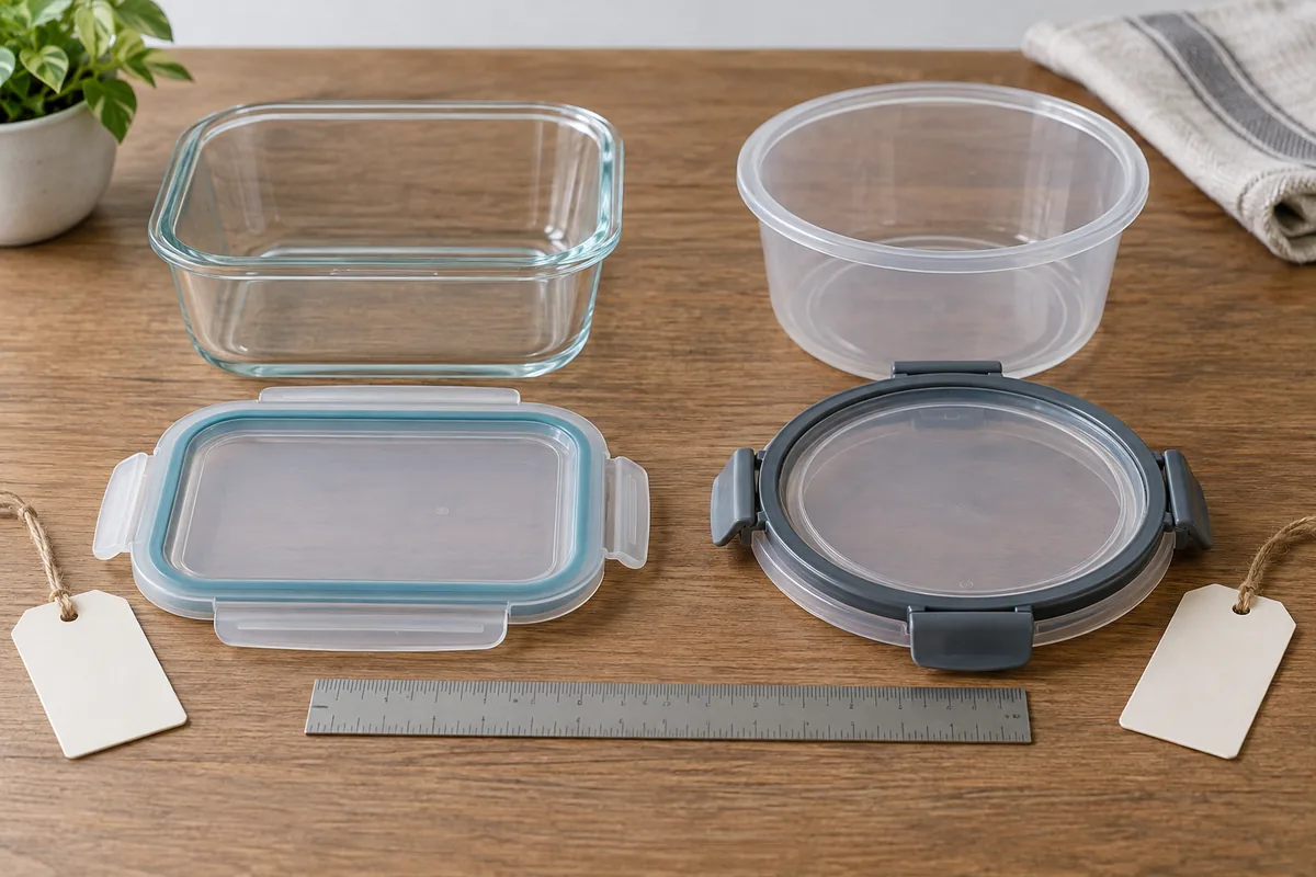 Two distinct food-container lid and base pairs arranged with a ruler for compatibility review