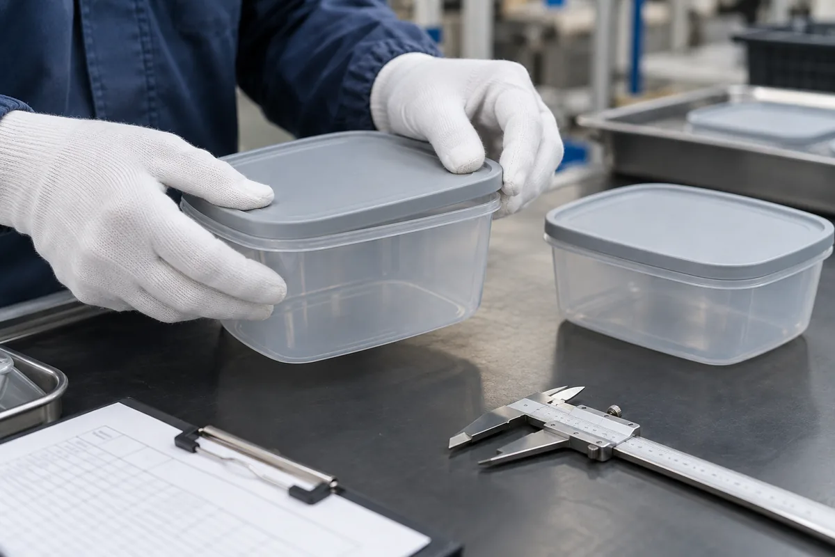 Approve replacement-part fit against the matching sample Gloved reviewer checking how a replacement lid seats on its matching reusable food container at a workbench