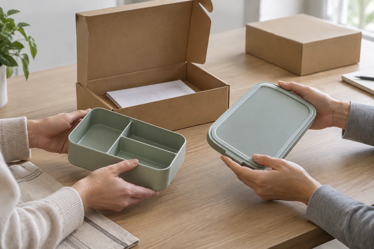 Buyer and product engineer hands checking a modular bento set fit inside plain retail packaging with a paper insert