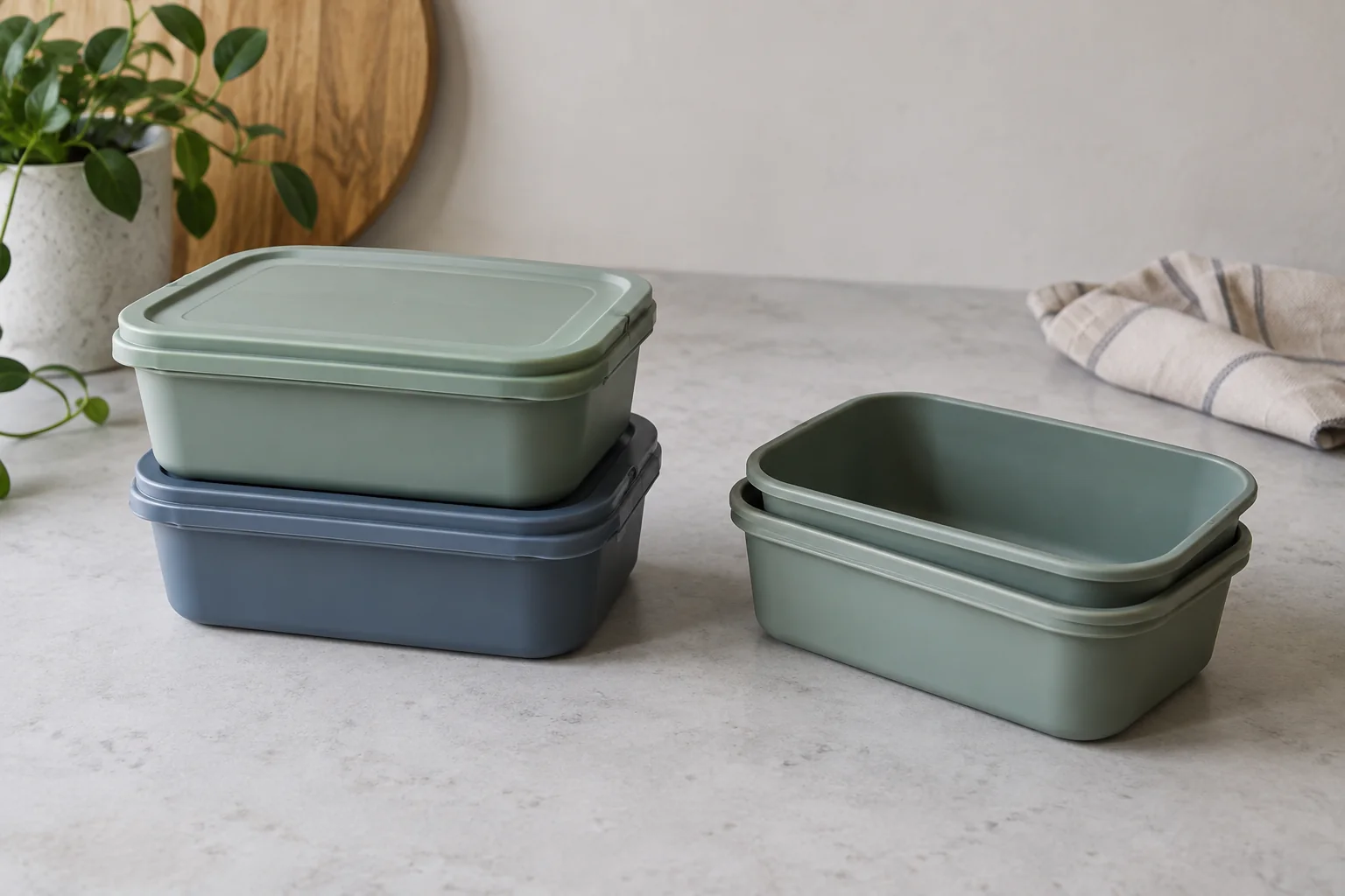 Two reusable lunch containers shown stacked closed beside empty container bases arranged for nesting comparison