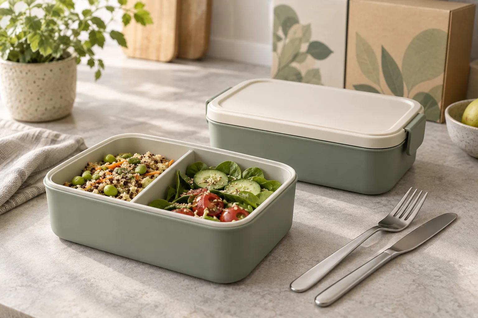Unbranded modular lunch containers, divided tray, fitted lid and cutlery arranged for a retail buyer review